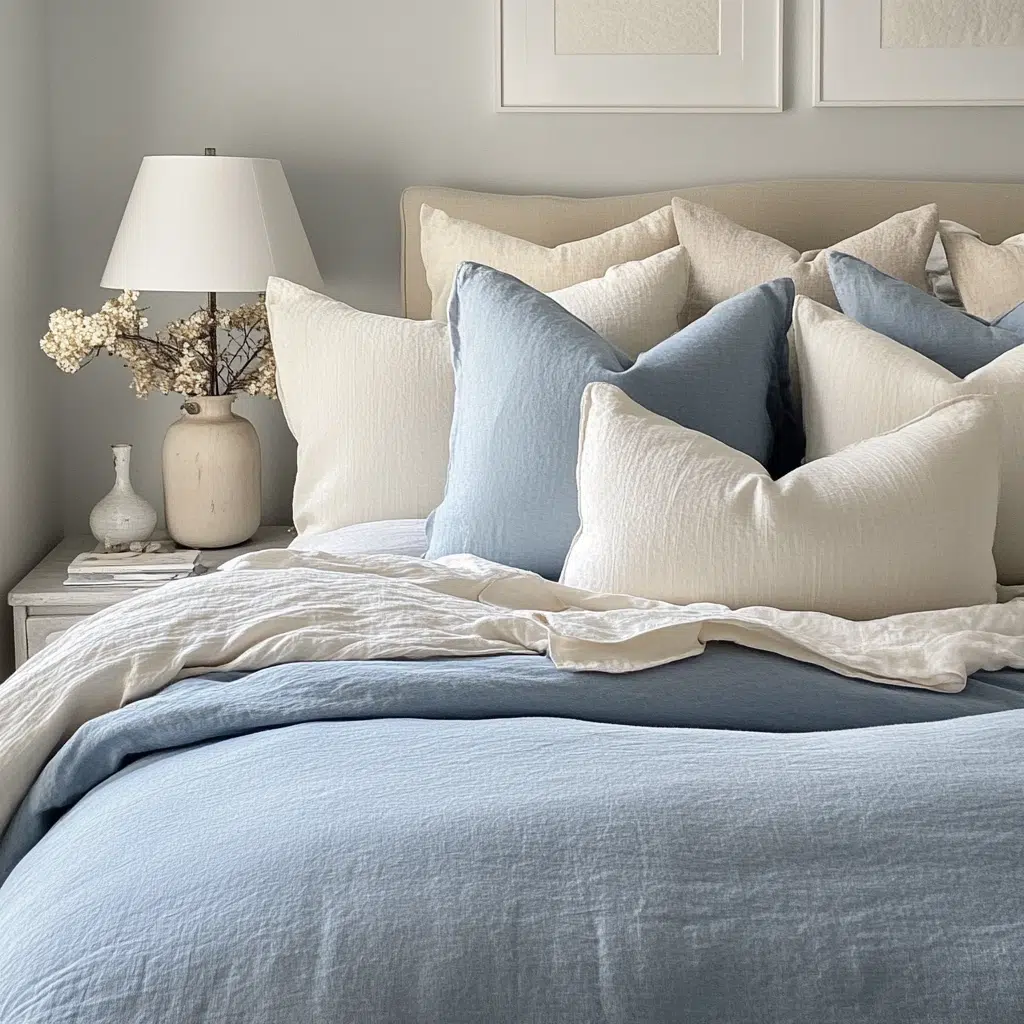 Soft Blue Linen Duvet with Cream Euro Shams