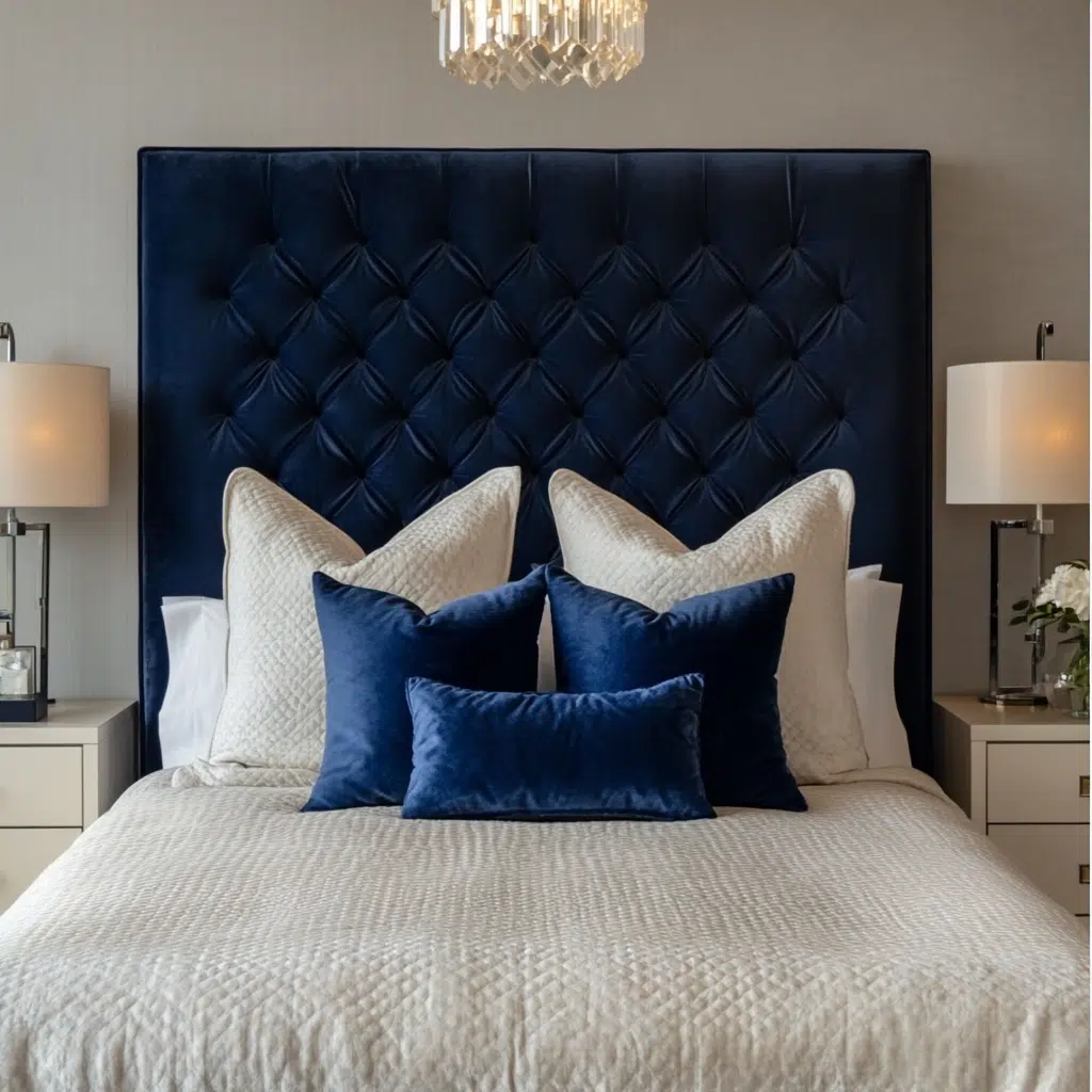 Navy Blue Velvet Headboard with Cream Nightstands