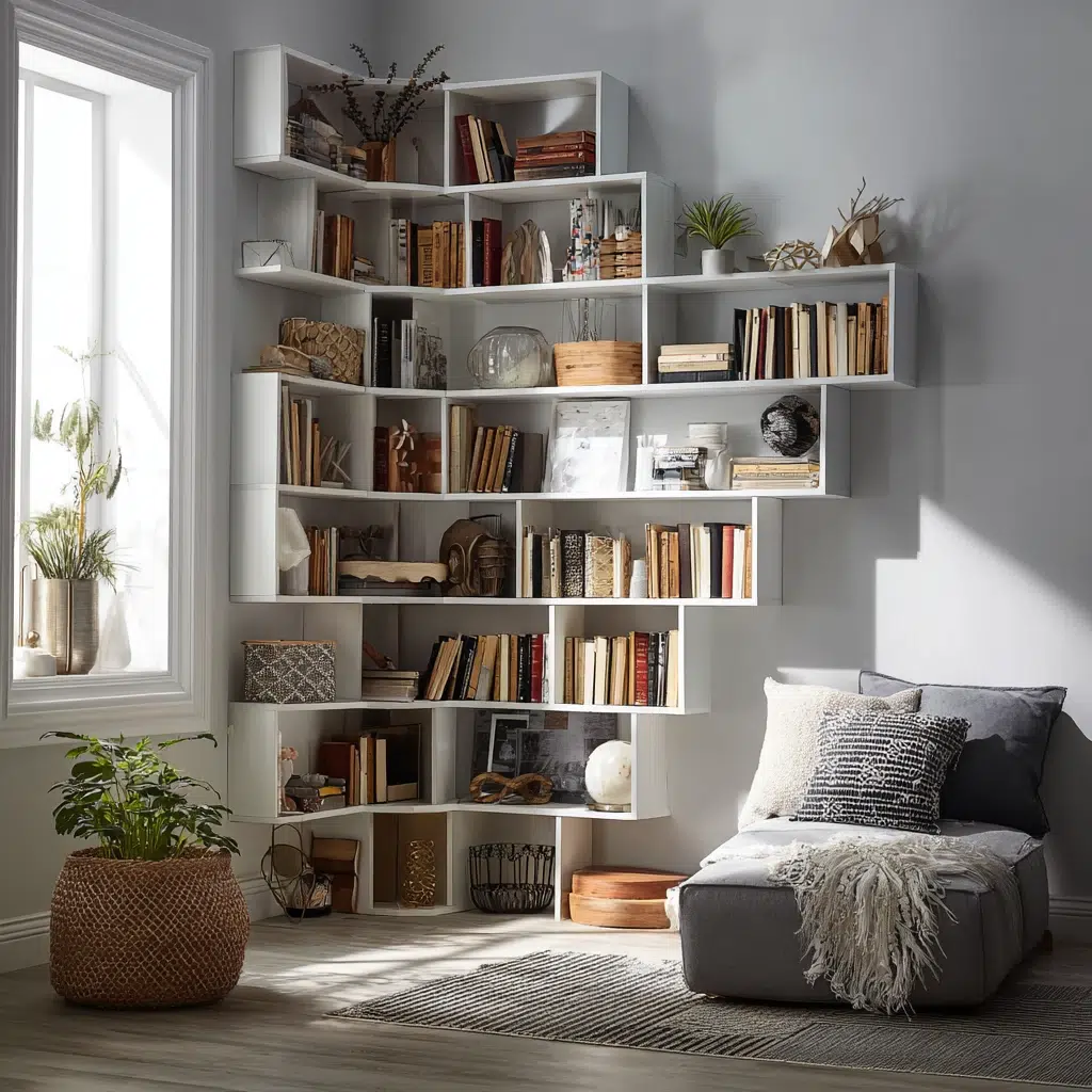 Creative Corner Bookshelf Ideas: Asymmetrical Corner Shelving