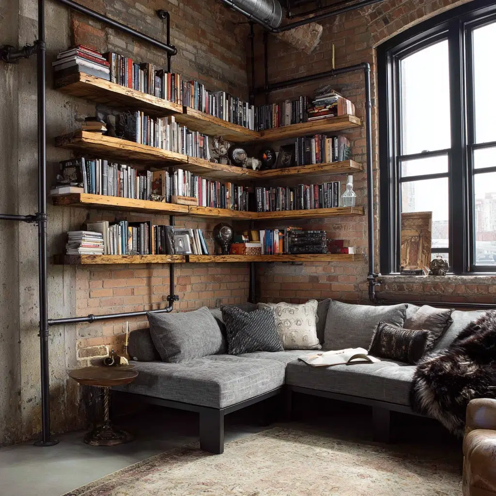 Creative Corner Bookshelf Ideas: Industrial Pipe Shelving