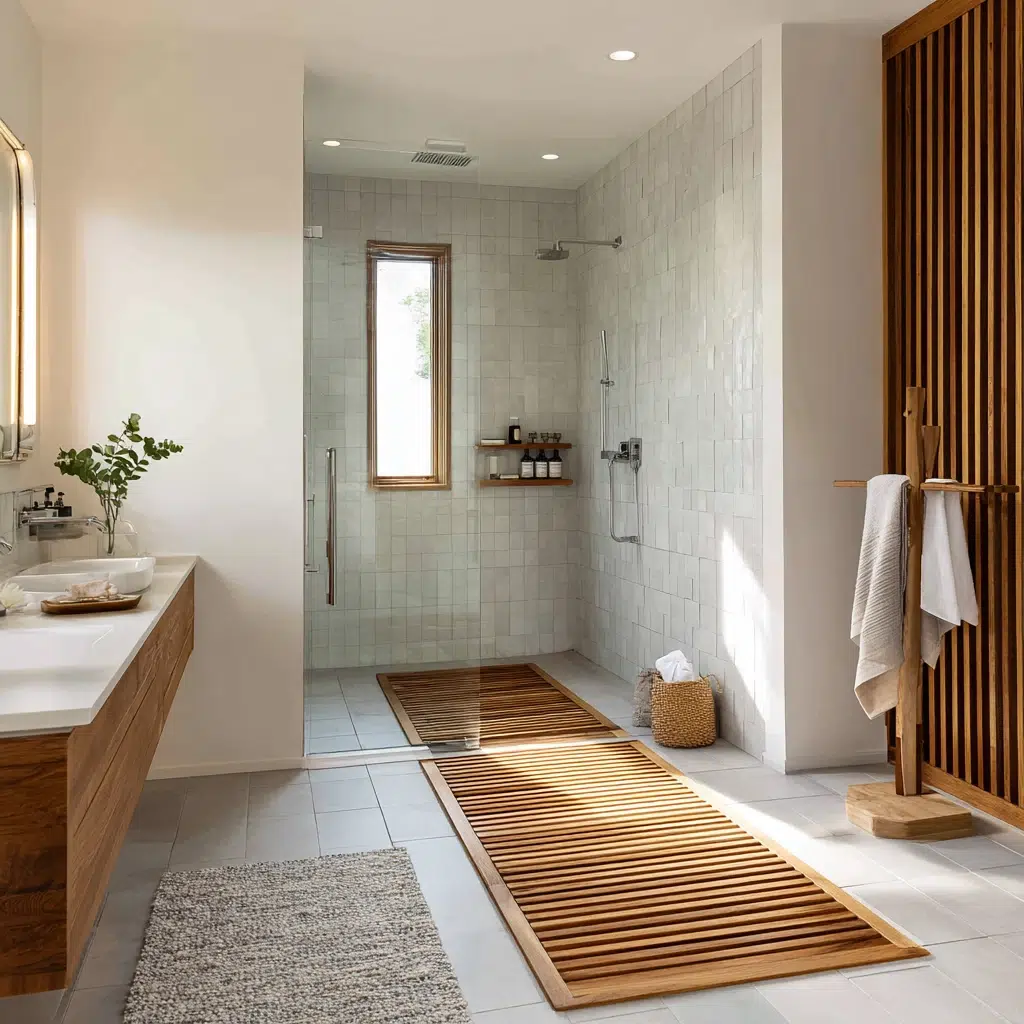 Amazing Walk-in Shower Ideas: Wooden Details: Warmth and Texture