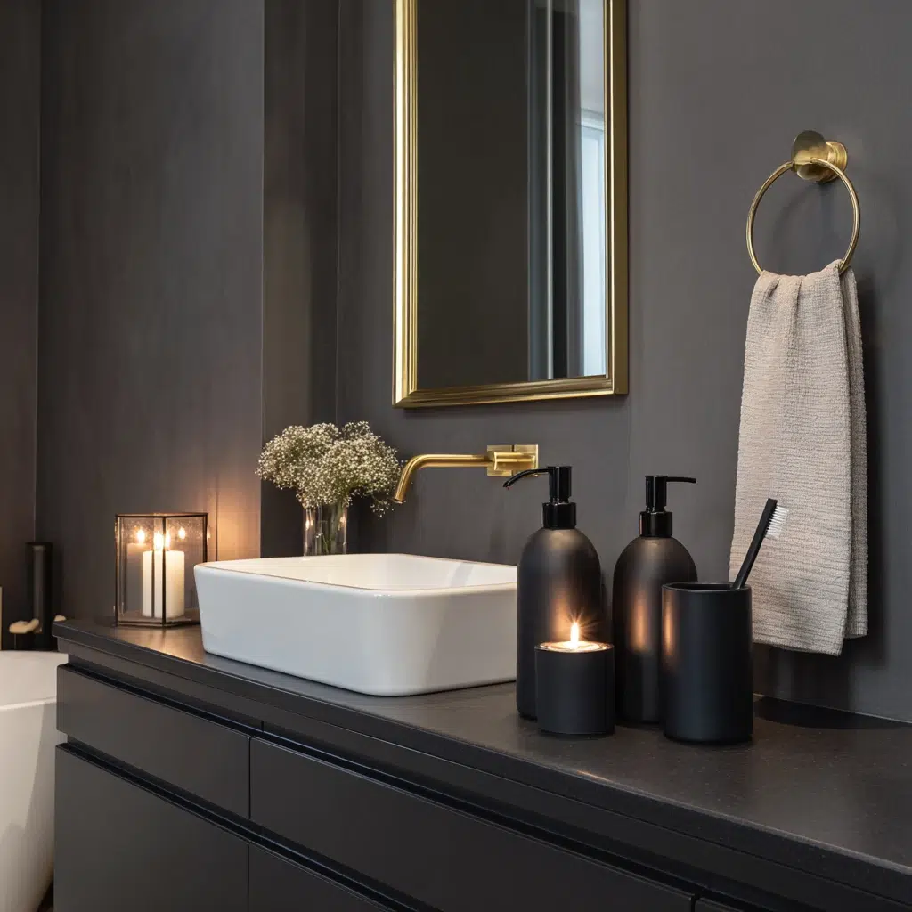 Modern Dark Bathroom Ideas: Dark Accessories with Metallic Accents