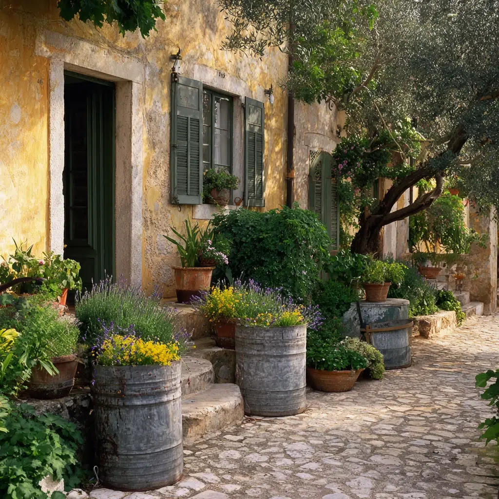 Stunning Mediterranean Garden Ideas: Incorporate Olive Oil Cans as Planters