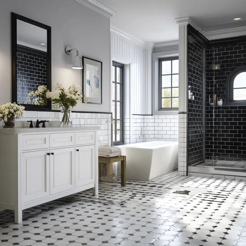 Black and White Bathroom Tile Ideas: Mixed Shapes Magic
