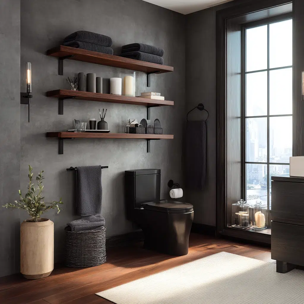 Modern Dark Bathroom Ideas: Open Shelving with Dark Hardware