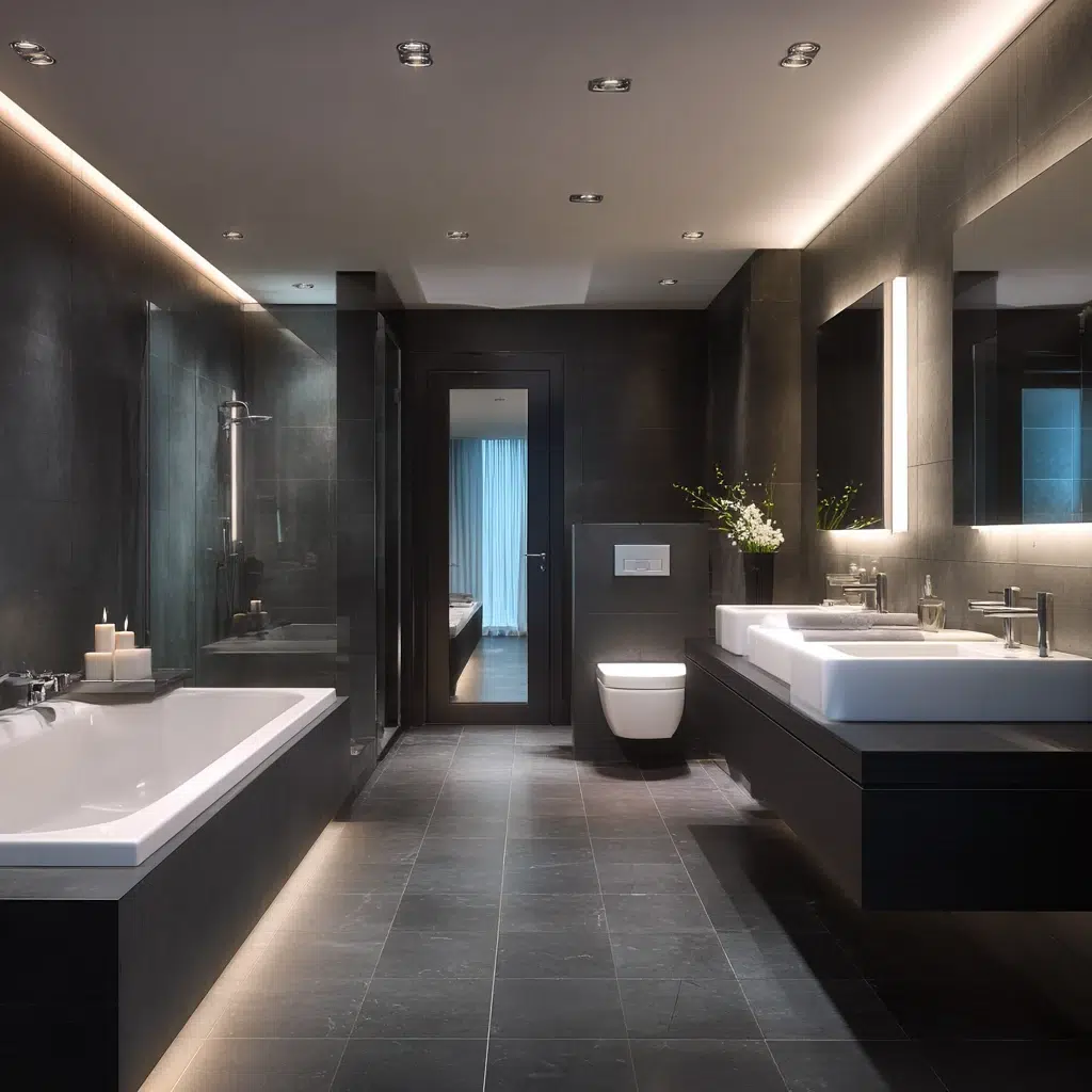 Modern Dark Bathroom Ideas: Dark Flooring to Ground the Space