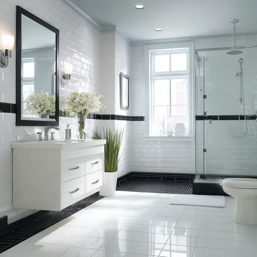 Black and White Bathroom Tile Ideas: Black Accents on White
