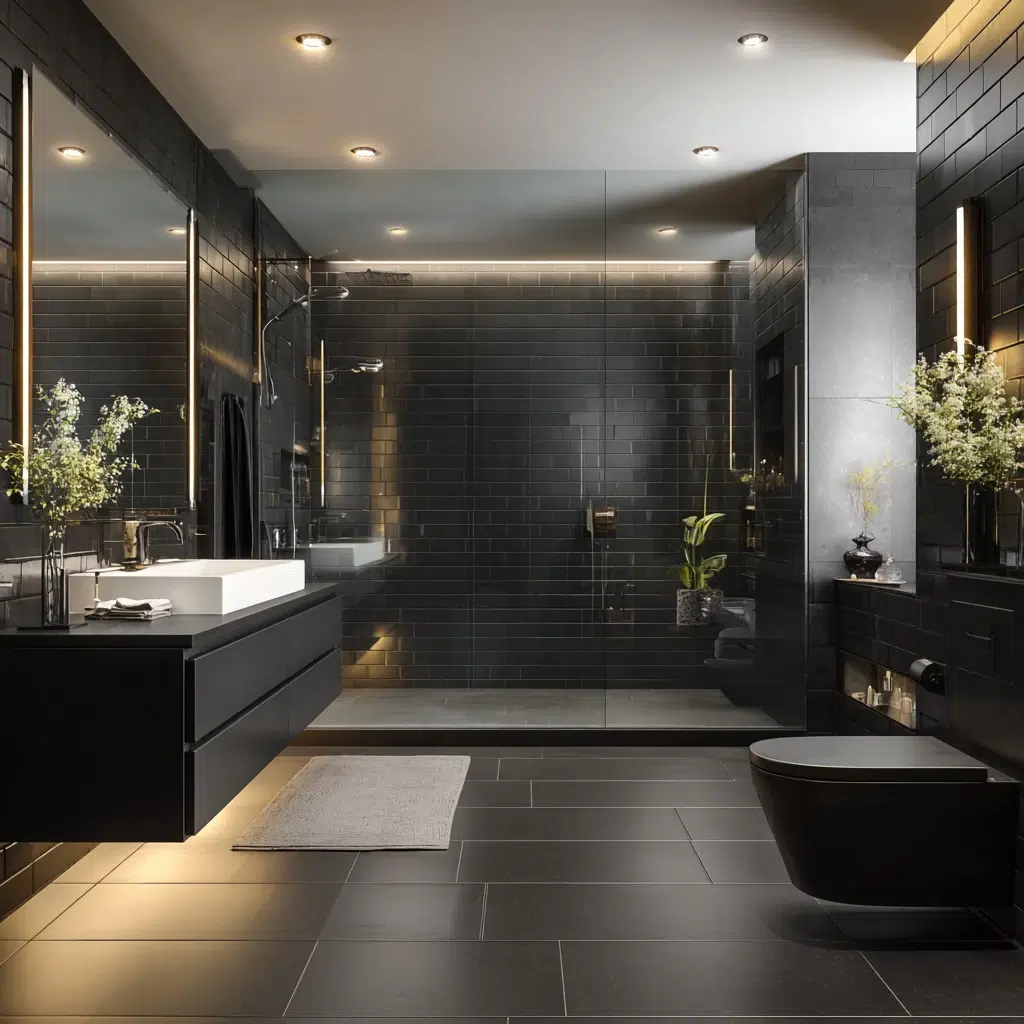 Modern Dark Bathroom Ideas: Dark Tiles with a Touch of Glam