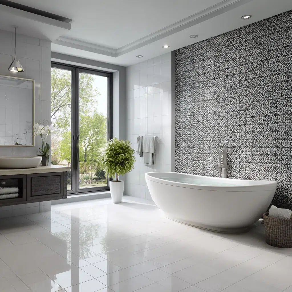 Black and White Bathroom Tile Ideas: Dramatic Herringbone Pattern