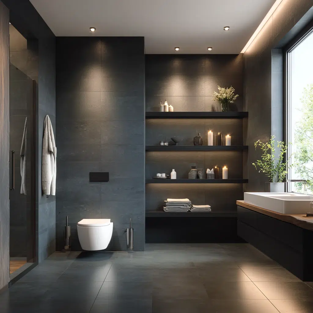 Modern Dark Bathroom Ideas: Floating Shelves for a Minimalist Touch