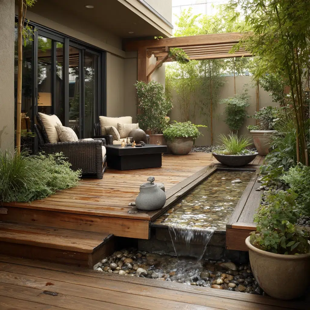 Ground Level Deck Ideas To Transform Your Backyard: The Deck with Water Feature