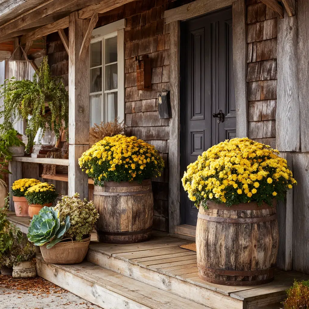 Cozy, Cute & Rustic Fall Planters for the Front Porch: Wooden Half-Barrels for Cottage Vibes