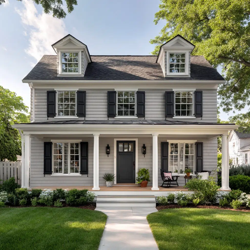 Gorgeous Grey House Exterior Color Schemes: Light Warm Grey with Dark Grey Shutters