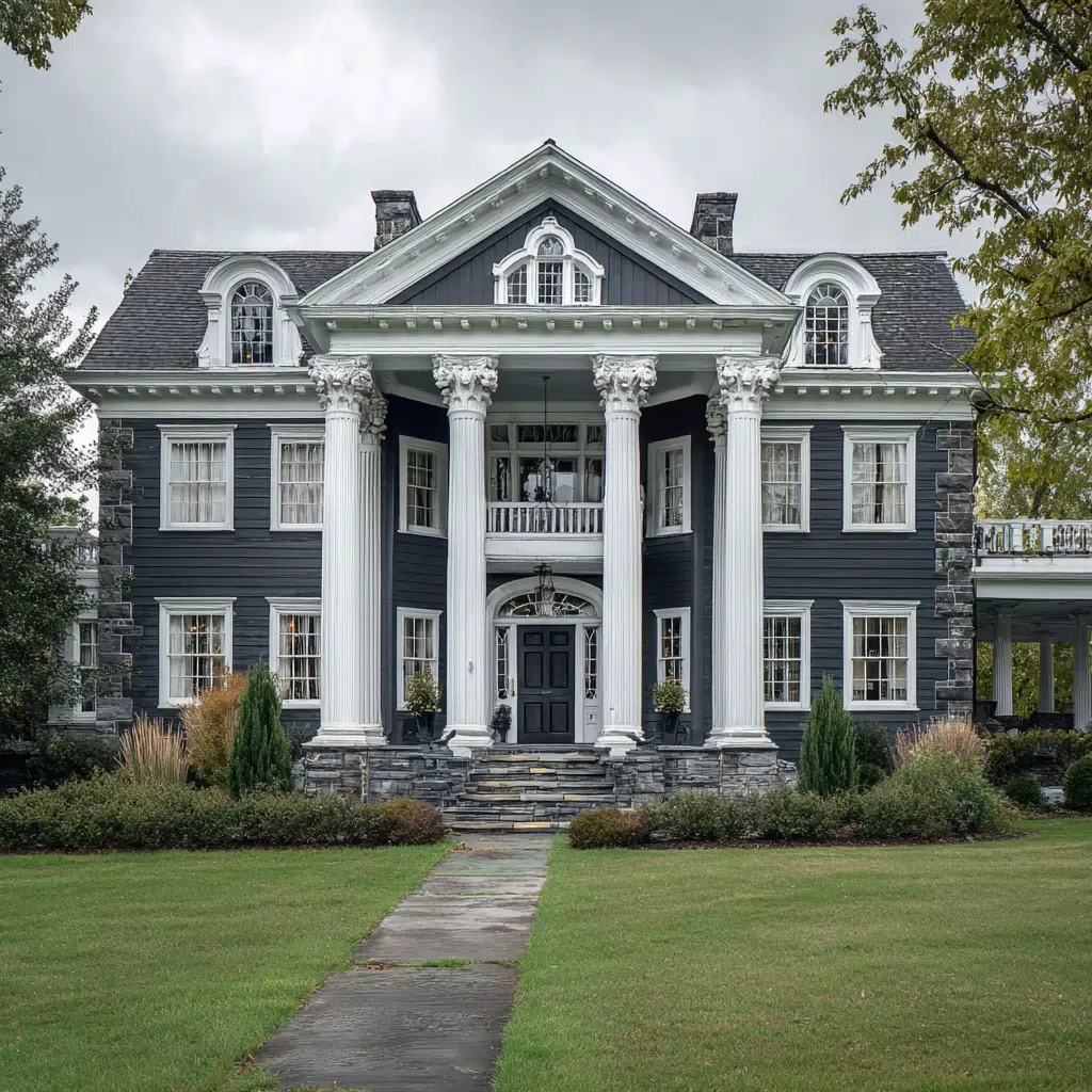 Gorgeous Grey House Exterior Color Schemes: Charcoal Grey with Bright White Columns