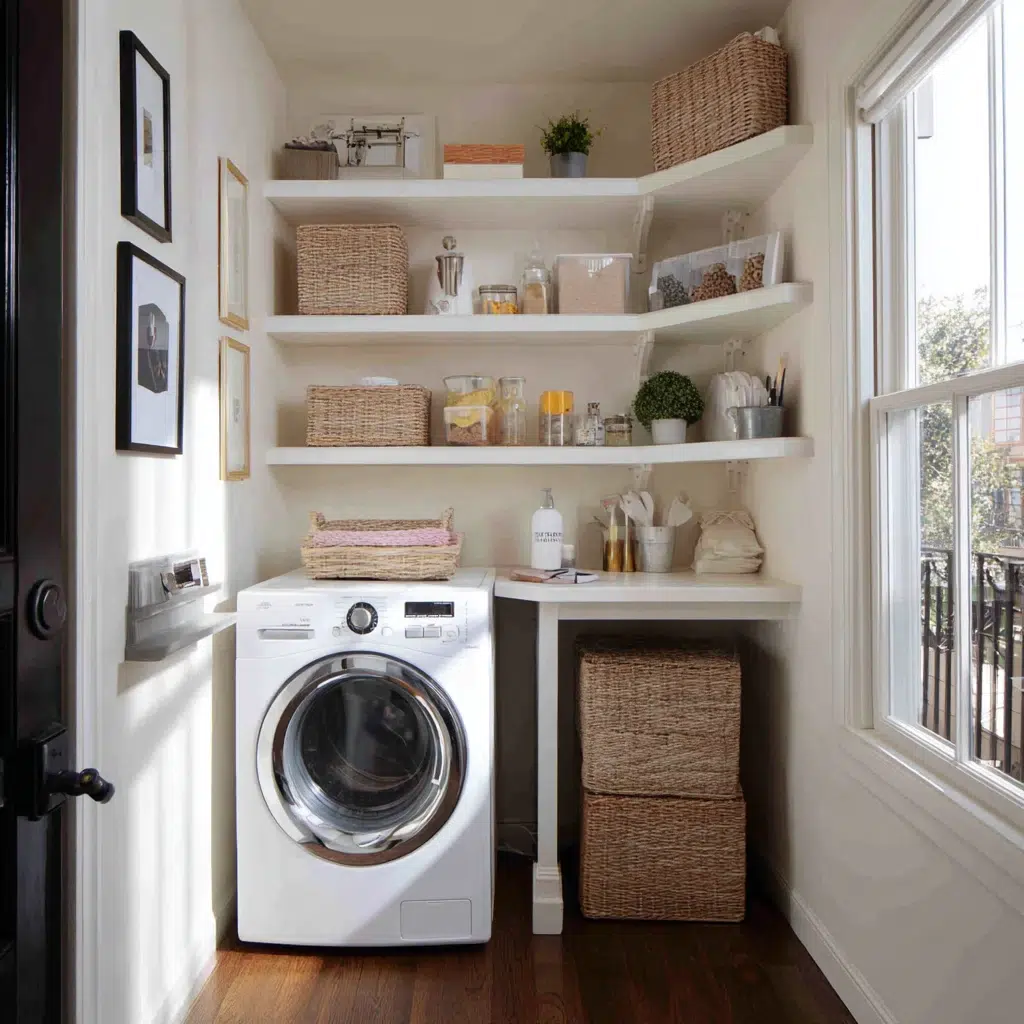 Smart Tiny Laundry Room Ideas: Corner Shelves: Don't Waste a Nook