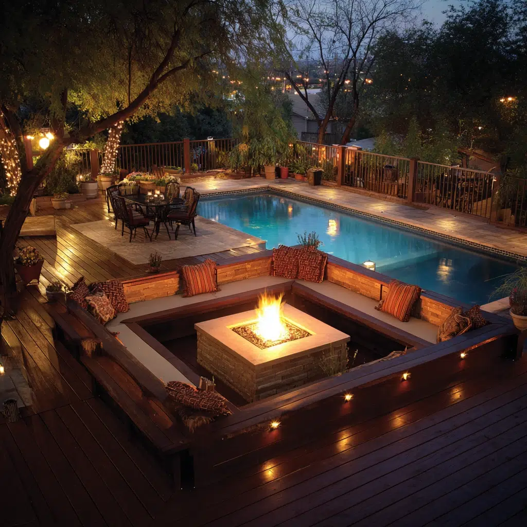 Above-Ground Pool Deck Ideas: Deck with Fire Pit: Evening Ambiance
