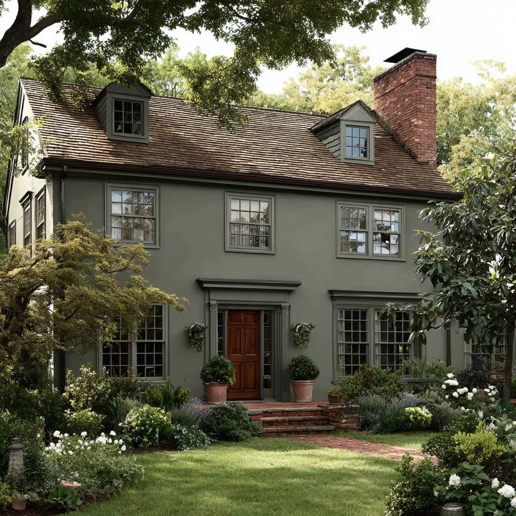 Gorgeous Grey House Exterior Color Schemes: Green-Grey with Red Brick Foundation