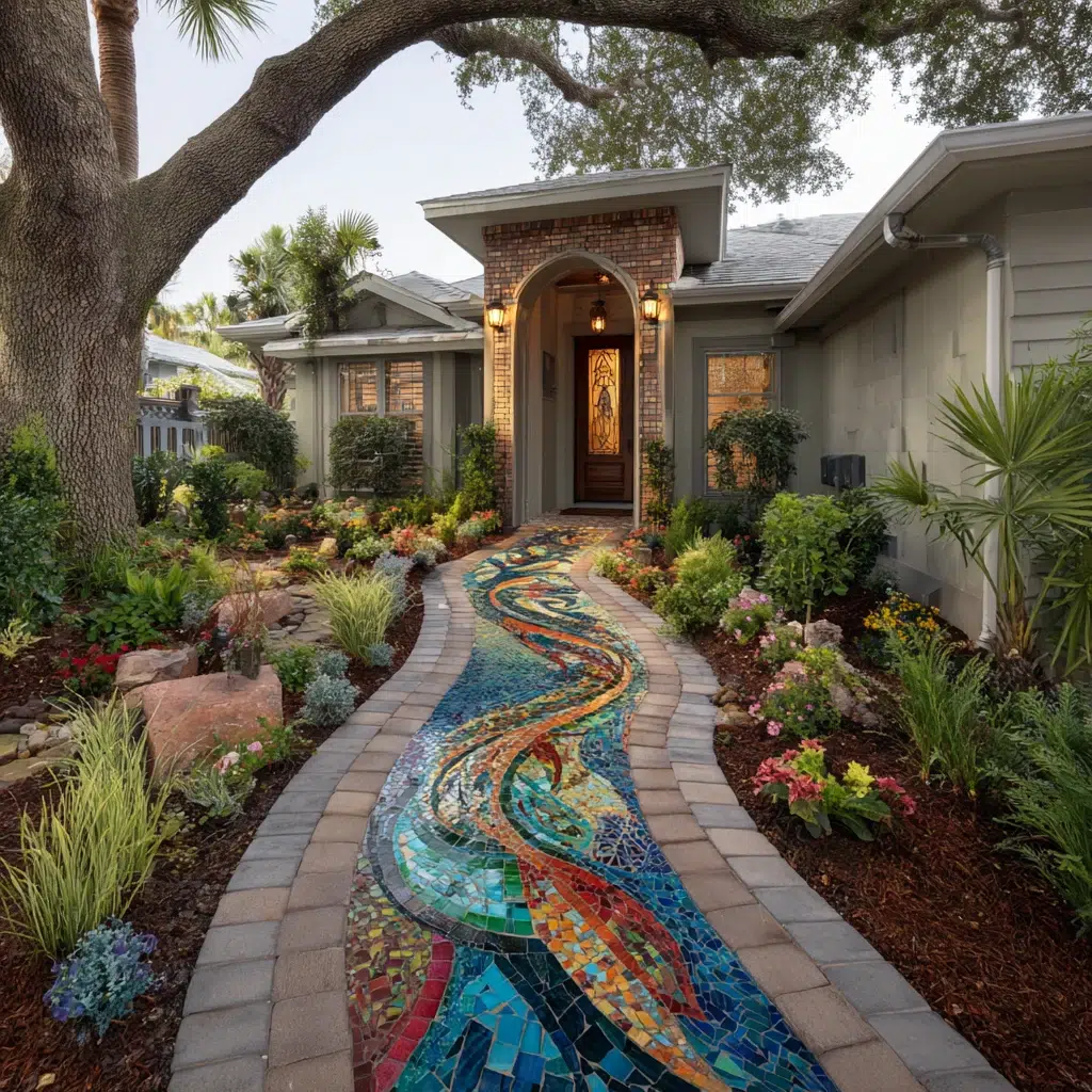 Inspiring Front Walkway Ideas: The Mosaic Tile Inlay Walkway
