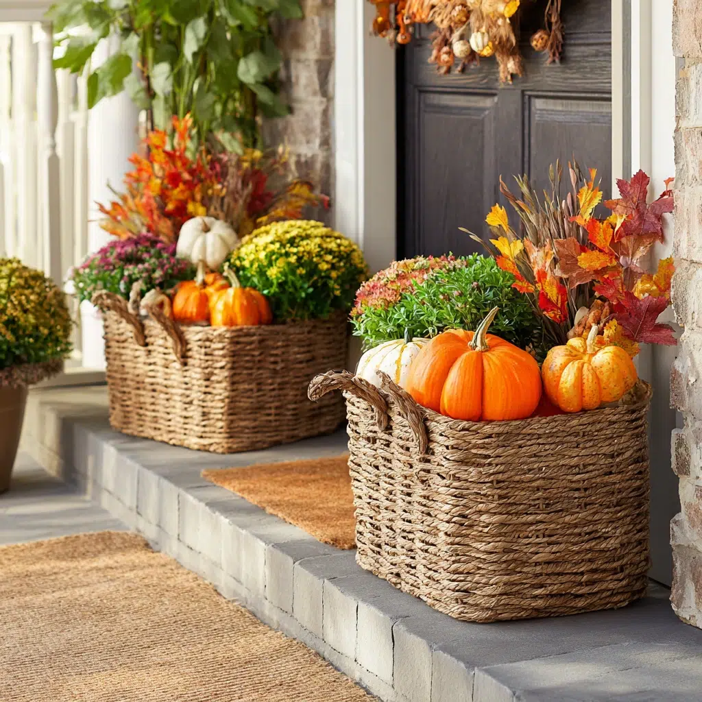 Cozy, Cute & Rustic Fall Planters for the Front Porch: Woven Bushel Baskets for Harvest Feels
