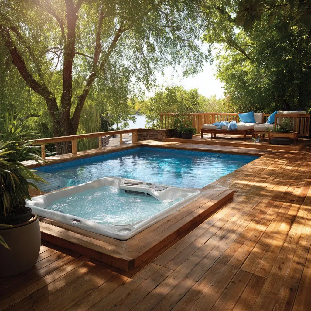 Above-Ground Pool Deck Ideas: Deck with Hot Tub Integration: Double the Relaxation