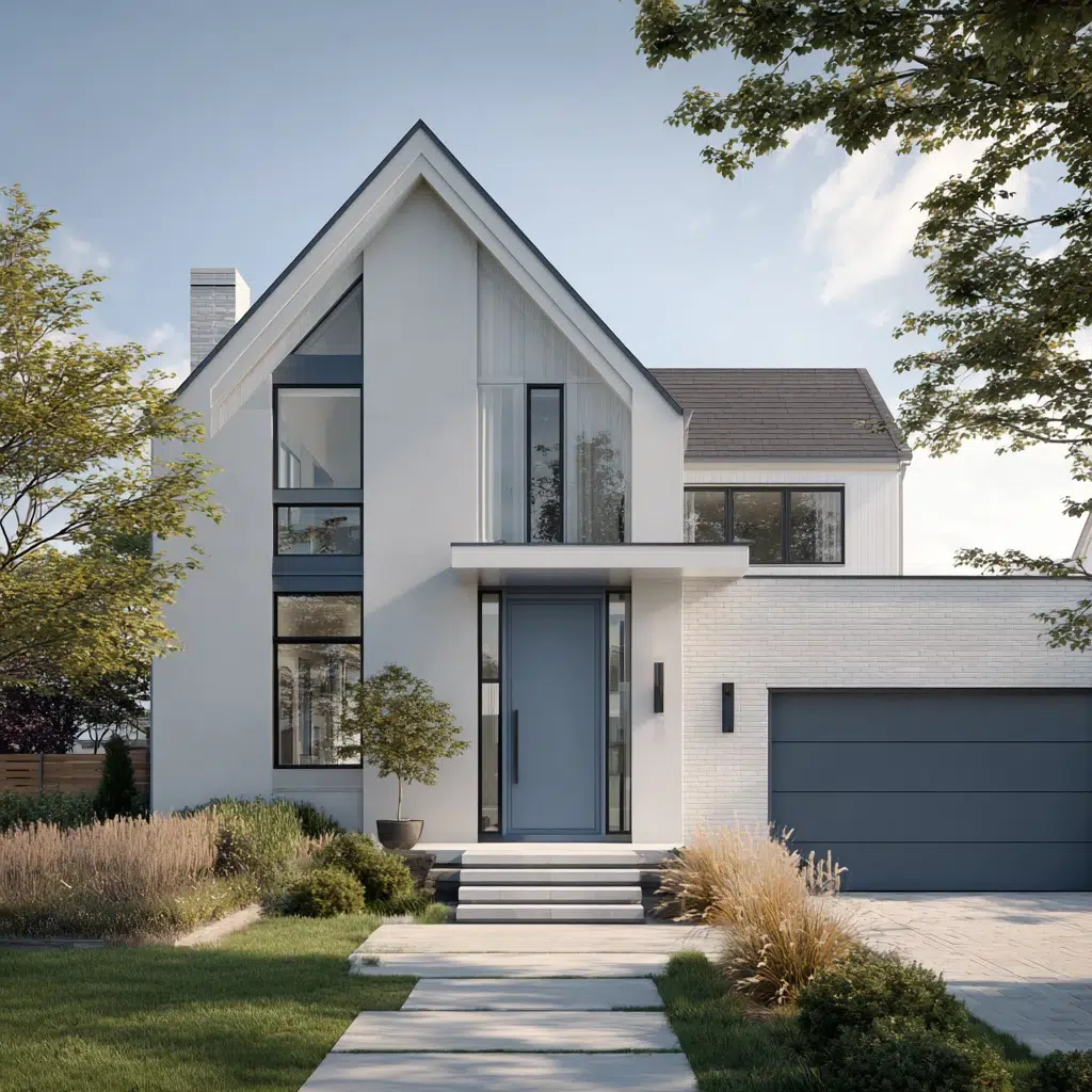 Gorgeous Grey House Exterior Color Schemes: Light Grey with Grey-Blue Door