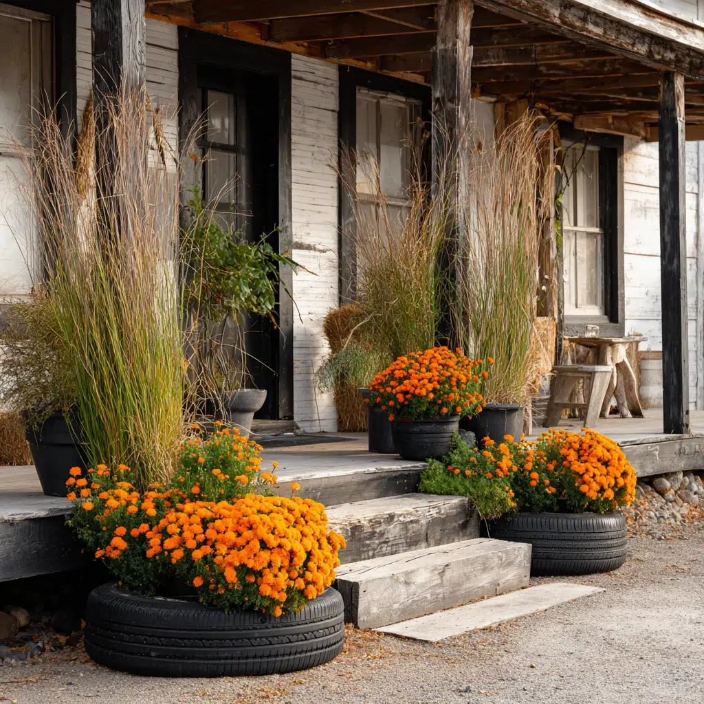 Cozy, Cute & Rustic Fall Planters for the Front Porch: Old Tires (Painted!) for Industrial Edge