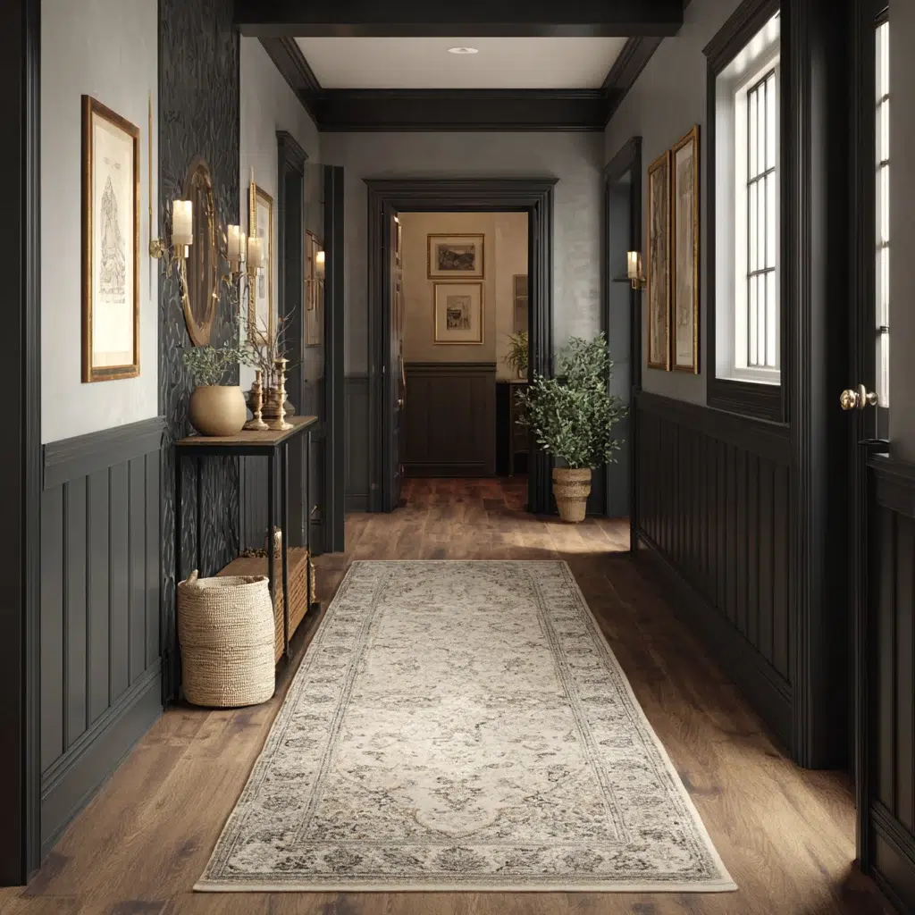 Inspiring Dark Hallway Ideas: Add a Rug with Light Colors and Patterns