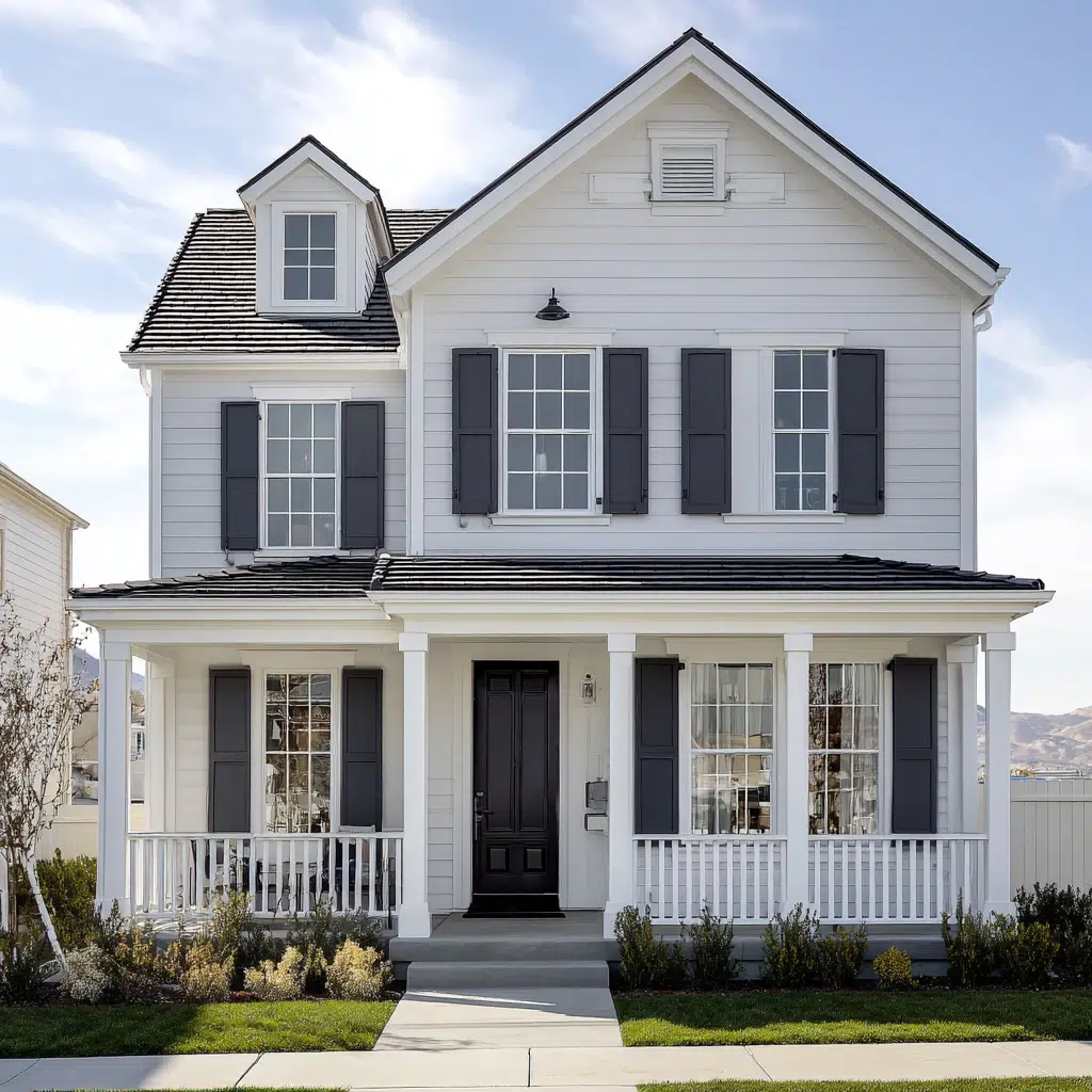 Gorgeous Grey House Exterior Color Schemes: Almost White Grey with Charcoal Shutters