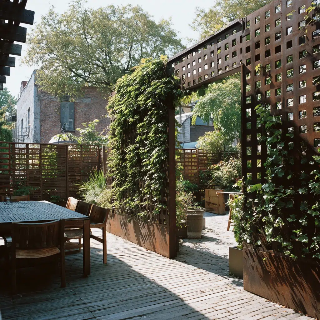 Inexpensive Privacy Fence Ideas for A Safe Backyard: Metal Grates and Vines: Industrial Garden