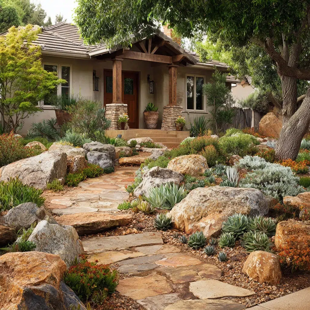 Inspiring Front Walkway Ideas: The Rock Garden Bordered Walkway