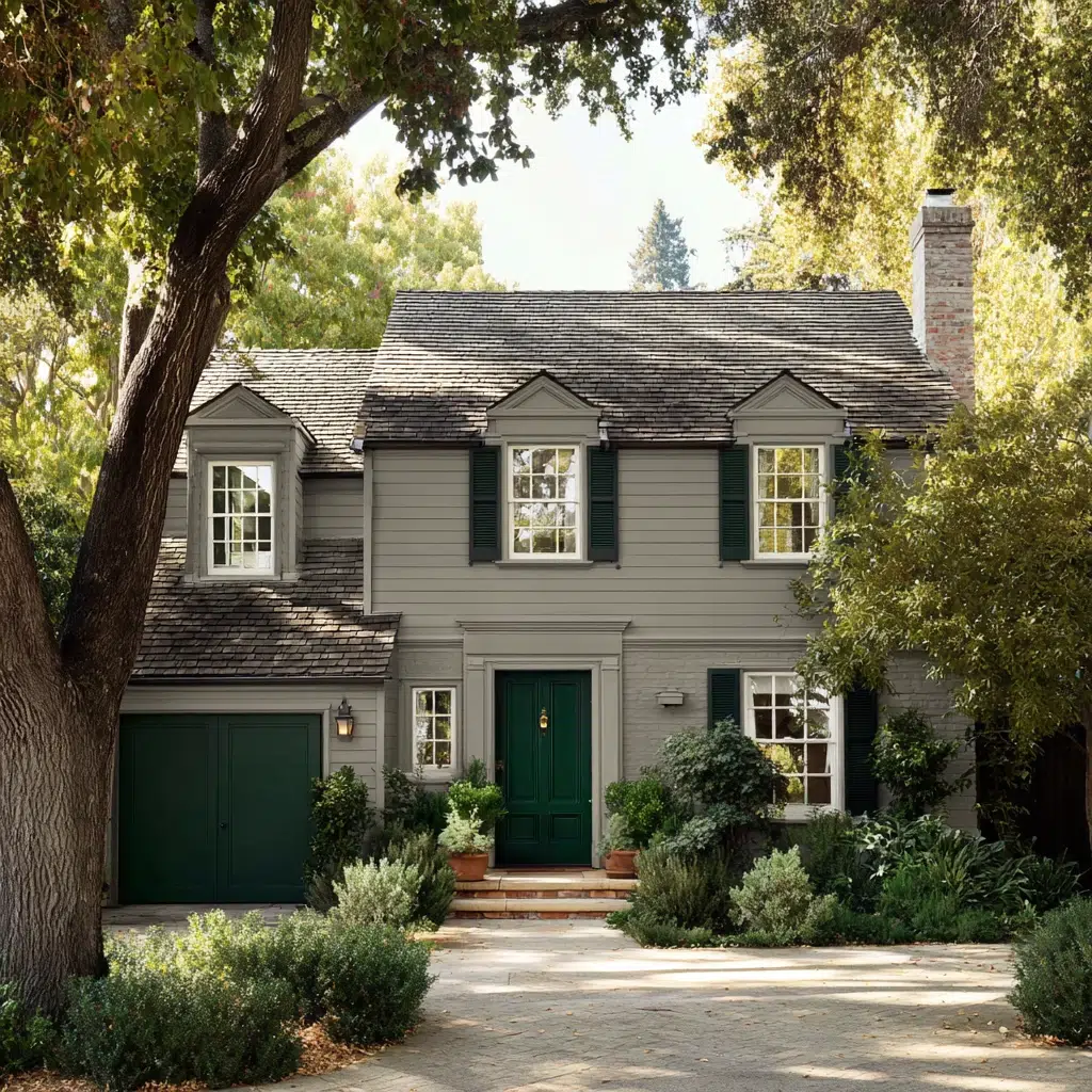 Gorgeous Grey House Exterior Color Schemes: Mid-Tone Grey with Forest Green Door