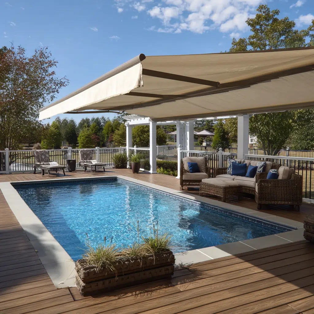 Above-Ground Pool Deck Ideas: Deck with Retractable Awning: Flexible Shade
