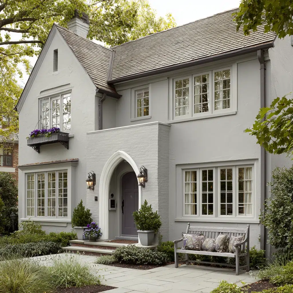 Gorgeous Grey House Exterior Color Schemes: Dove Grey with Plum Accents
