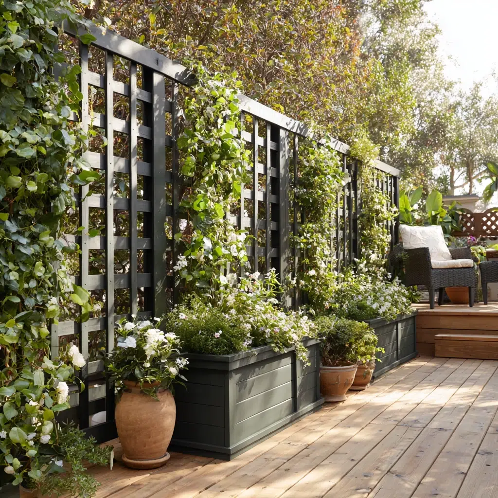 Inexpensive Privacy Fence Ideas for A Safe Backyard: Planter Boxes with Trellis: Mobile Privacy