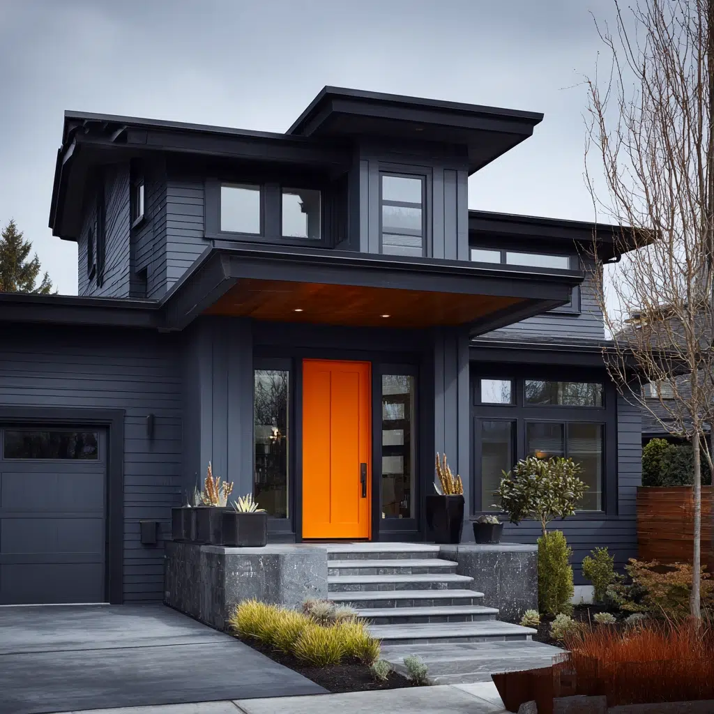 Gorgeous Grey House Exterior Color Schemes: Stormy Grey with Vibrant Orange Door