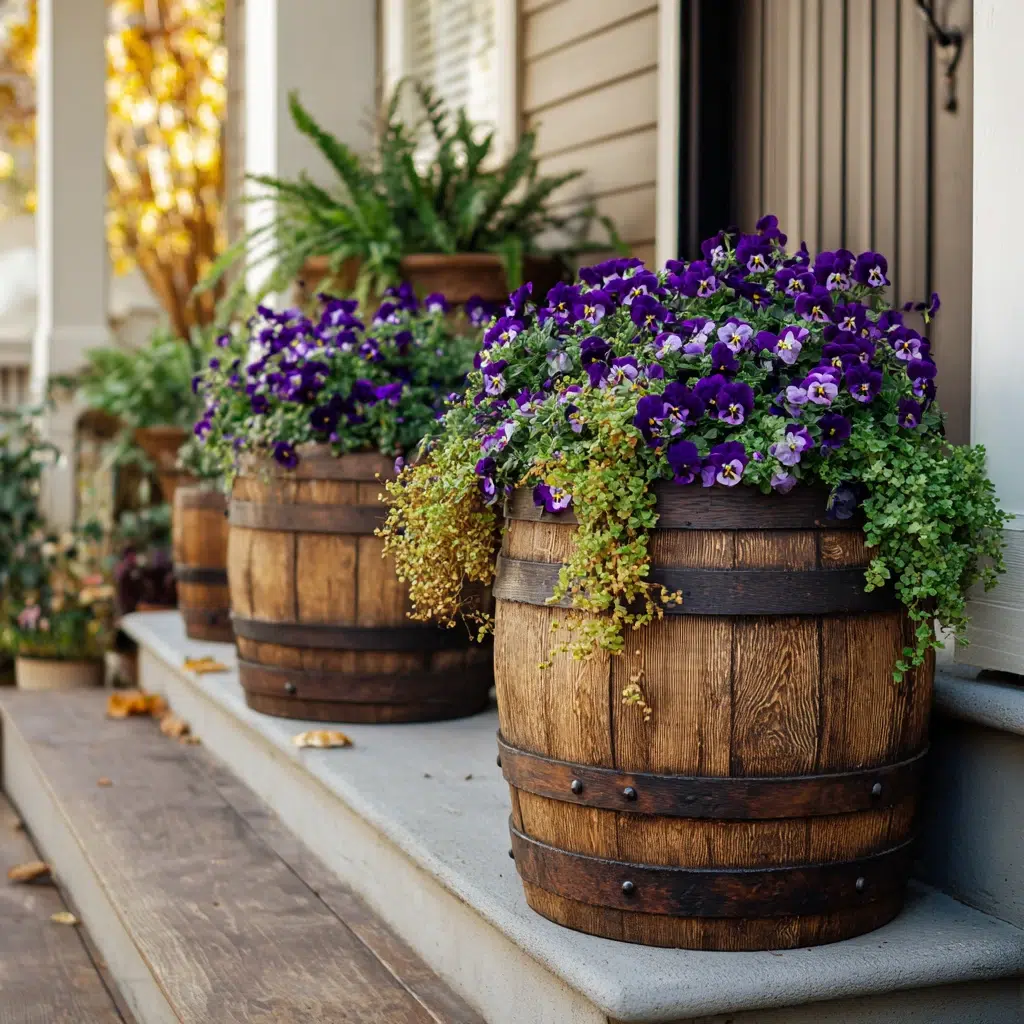 Cozy, Cute & Rustic Fall Planters for the Front Porch: Wooden Barrels with Decorative Bands