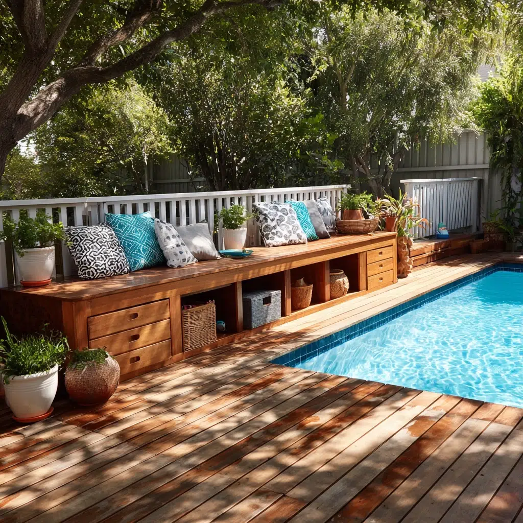 Above-Ground Pool Deck Ideas: Deck with Bench Storage: Clever Concealment