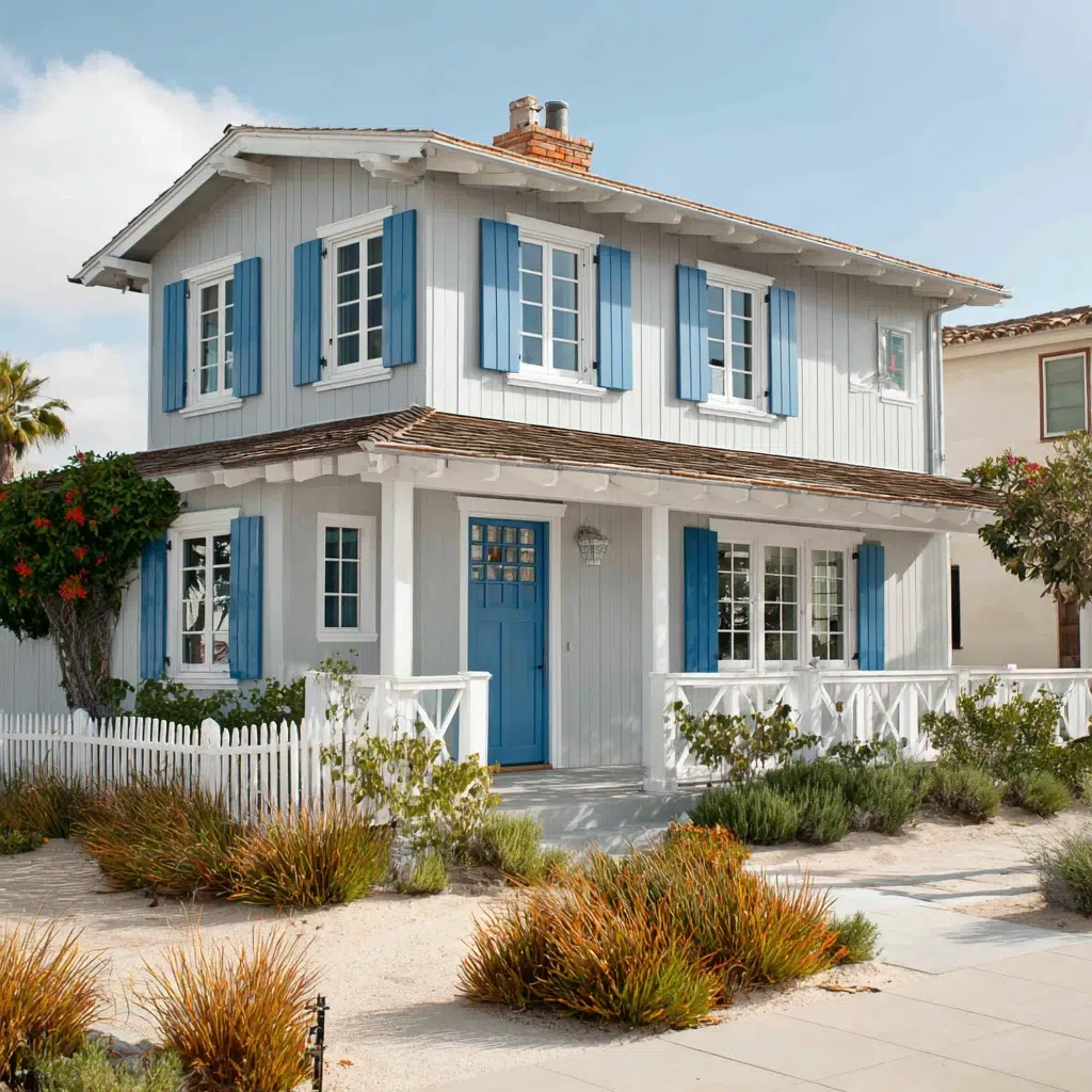 Gorgeous Grey House Exterior Color Schemes: Light Grey with Coastal Blue Shutters