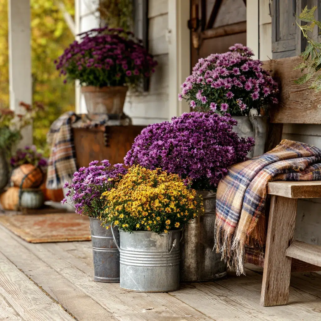 Cozy, Cute & Rustic Fall Planters for the Front Porch: Galvanized Metal Buckets for Farmhouse Flair