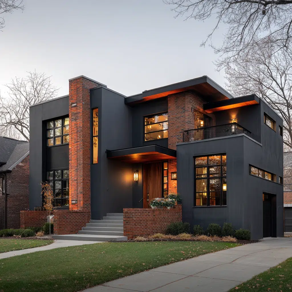 Gorgeous Grey House Exterior Color Schemes: Charcoal Grey with Red Brick Accents (Modern Twist)