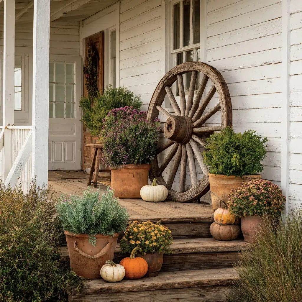 Cozy, Cute & Rustic Fall Planters for the Front Porch: Old Wagon Wheels as Planter Accents