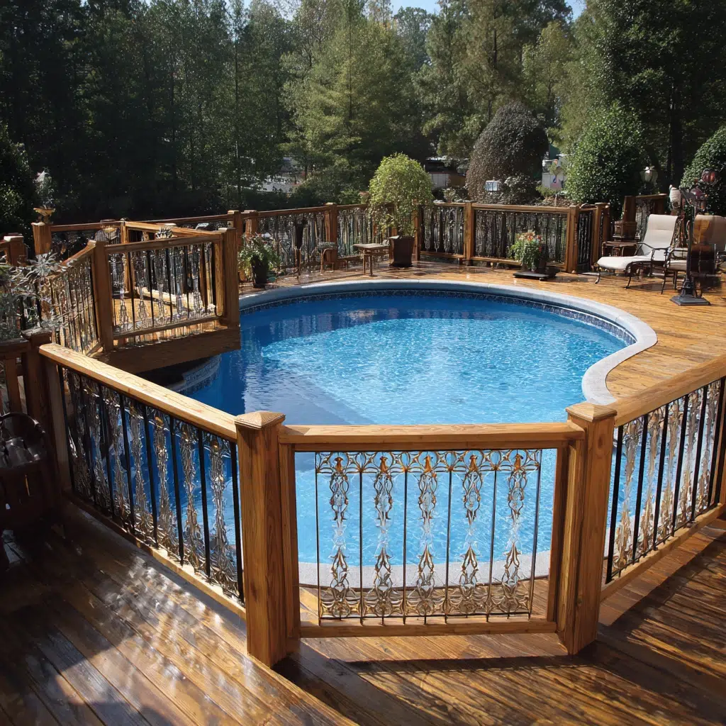 Above-Ground Pool Deck Ideas: Deck with Decorative Railings: Personal Touch