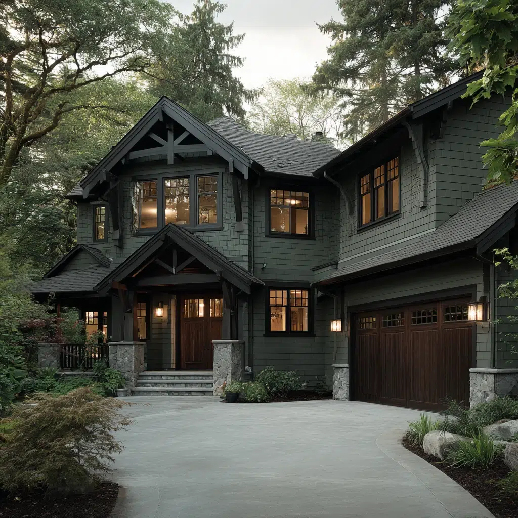 Gorgeous Grey House Exterior Color Schemes: Grey-Green with Dark Wood Trim