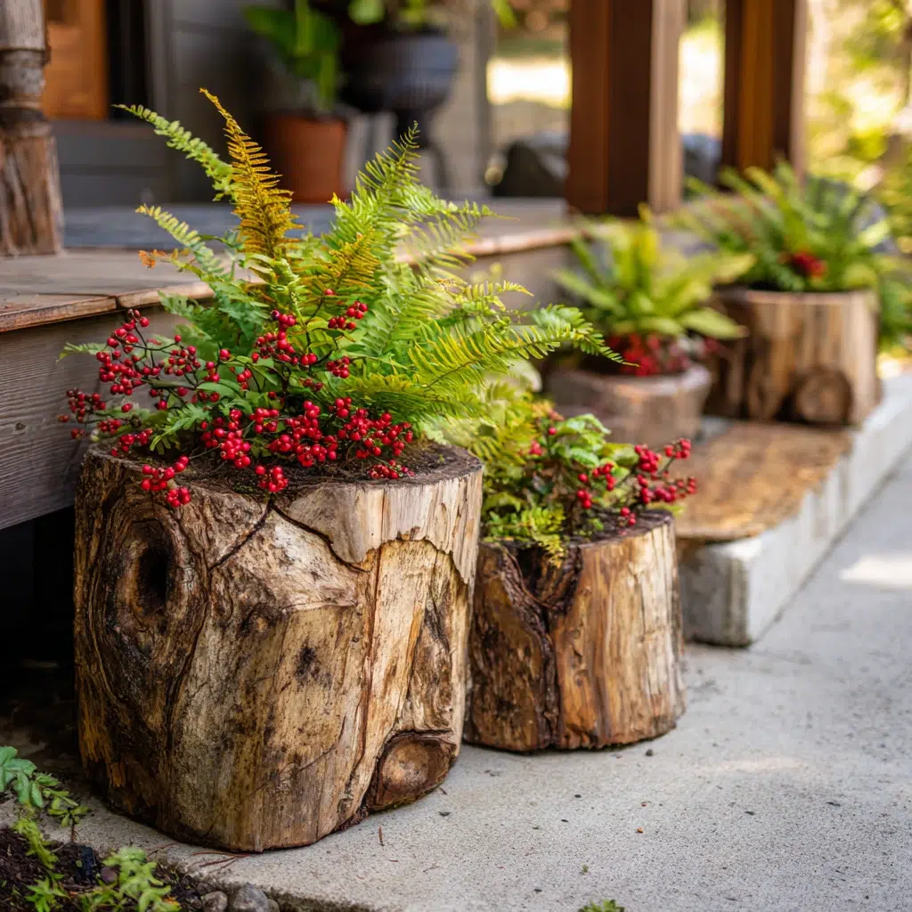 Cozy, Cute & Rustic Fall Planters for the Front Porch: Natural Wood Stump Planters