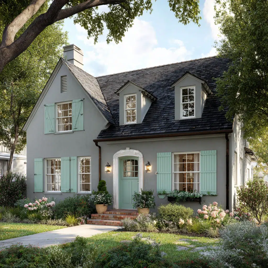 Gorgeous Grey House Exterior Color Schemes: Dusty Grey with Sage Green Shutters