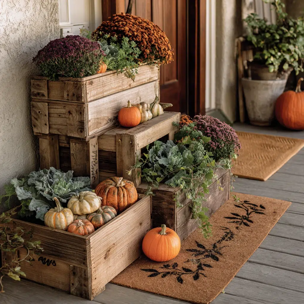 Cozy, Cute & Rustic Fall Planters for the Front Porch: Wooden Crate Charm