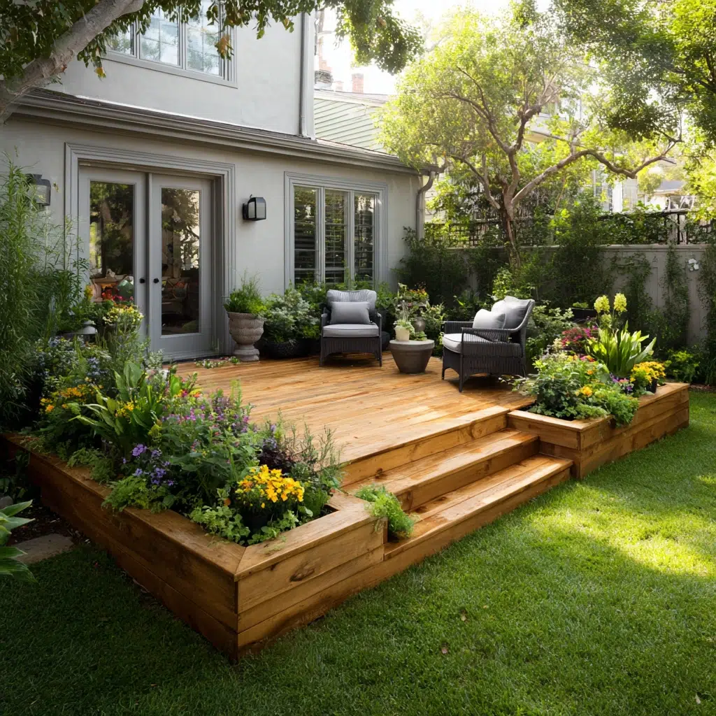Ground Level Deck Ideas To Transform Your Backyard: The Deck with Built-in Planters