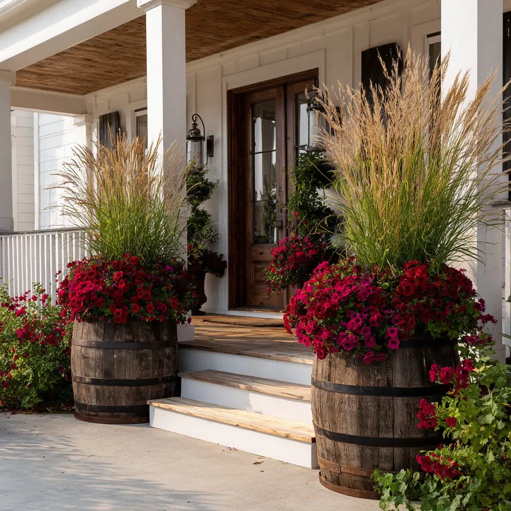 Cozy, Cute & Rustic Fall Planters for the Front Porch: Whiskey Barrels for Grand Statements