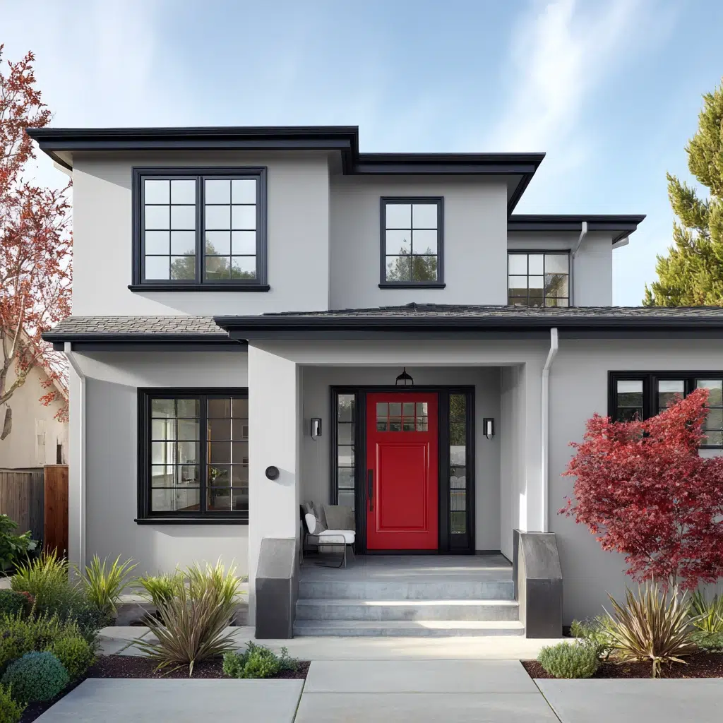 Gorgeous Grey House Exterior Color Schemes: Light Grey with Black Trim and Red Door