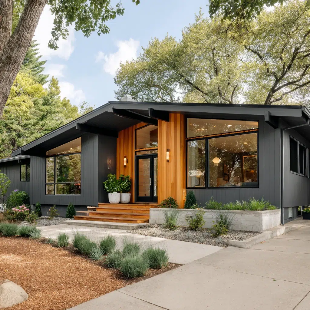 Gorgeous Grey House Exterior Color Schemes: Medium Grey with Natural Wood Accents